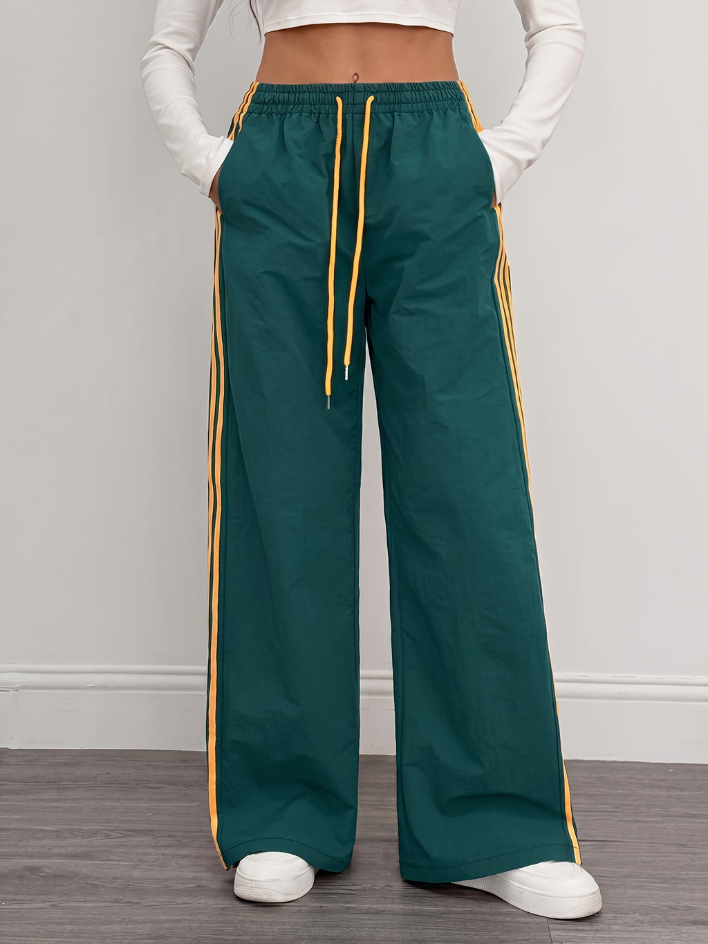 Reading Week Clothing, Back to Season, 1pc 2025 Autumn Winter New Casual Sports Fashion Comfortable Beautiful Color-Blocked Waist Drawstring Women'S Long Pants, Suitable for Holiday Gifts Women'S Apparel - Green+Yellow