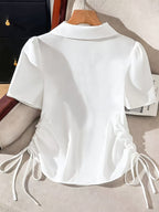Women'S Solid Short Sleeve Side Tie Drawstring Casual Shirt - White