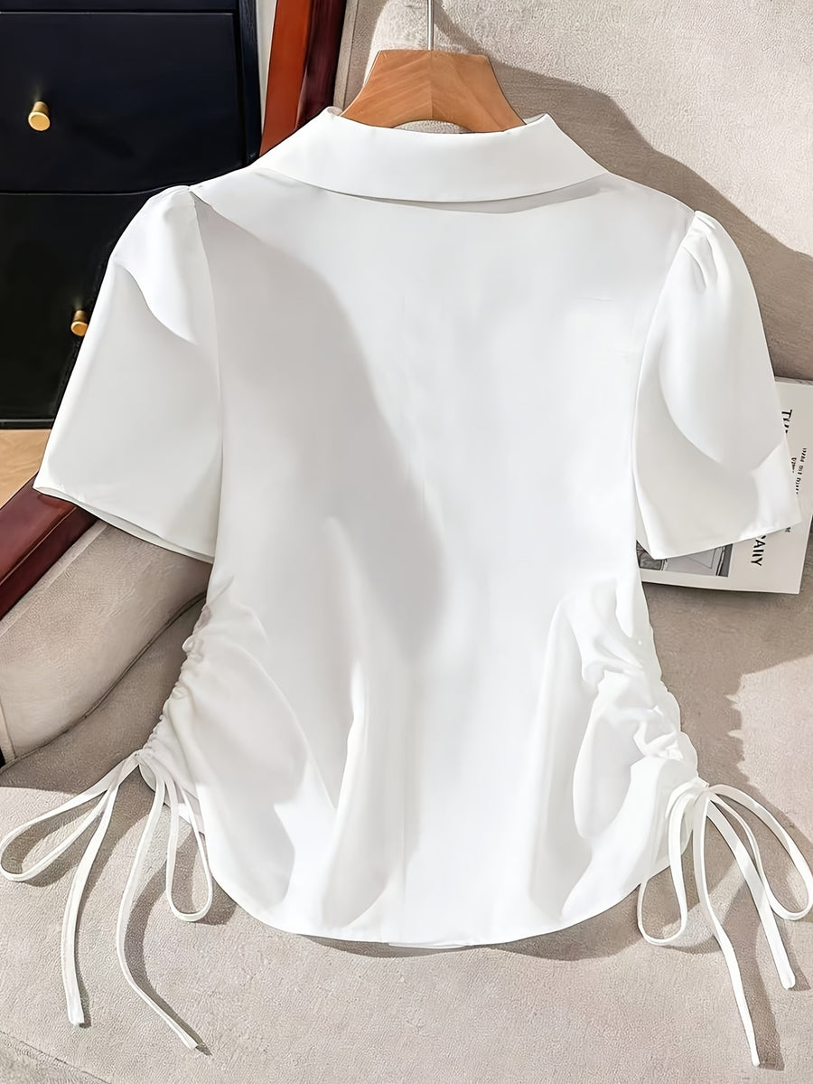 Women'S Solid Short Sleeve Side Tie Drawstring Casual Shirt - White