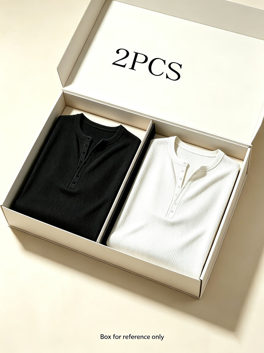 2pcs Men's Long Sleeve Vertical Rib Knit Henley Shirt, Slim Fit with Waist Taper to Highlight a Masculine Silhouette, Breathable and Skin-Friendly, Not Stuffy, High-Stretch Vertical Ribbed 7-Button Placket Versatile Top, Suitable for Daily Casual - Black+White