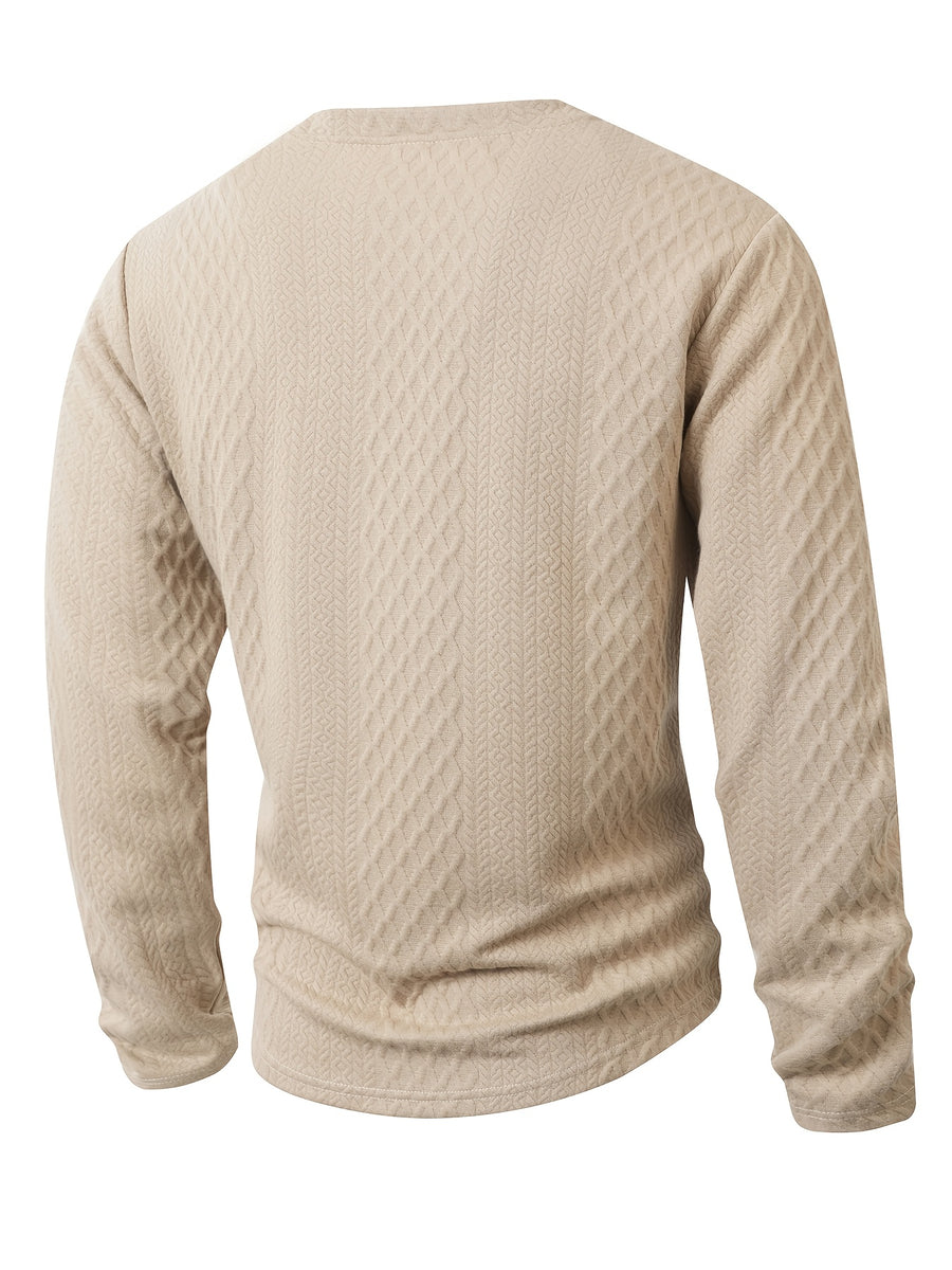 Josh Mei's Selection: Henley Collar Shirt, 2026 Autumn/Winter European and American Style Men's Casual Jacquard Crew Neck Long Sleeve Pullover Sweater Short Sleeve - Khaki