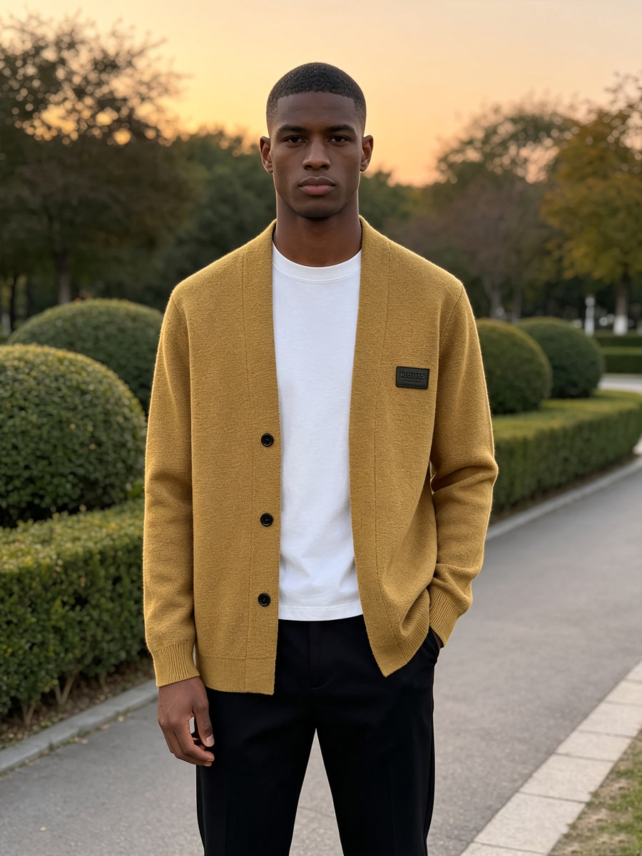 Men's Minimalist Commuter-Style Knit Cardigan, Crafted from Fine, Soft, and Supple Knitted Fabric That Is Skin-friendly, Breathable, Wrinkle-resistant, and Pilling-resistant. The V-neck and Relaxed Fit Are Flattering on All Body Types - ginger-colored