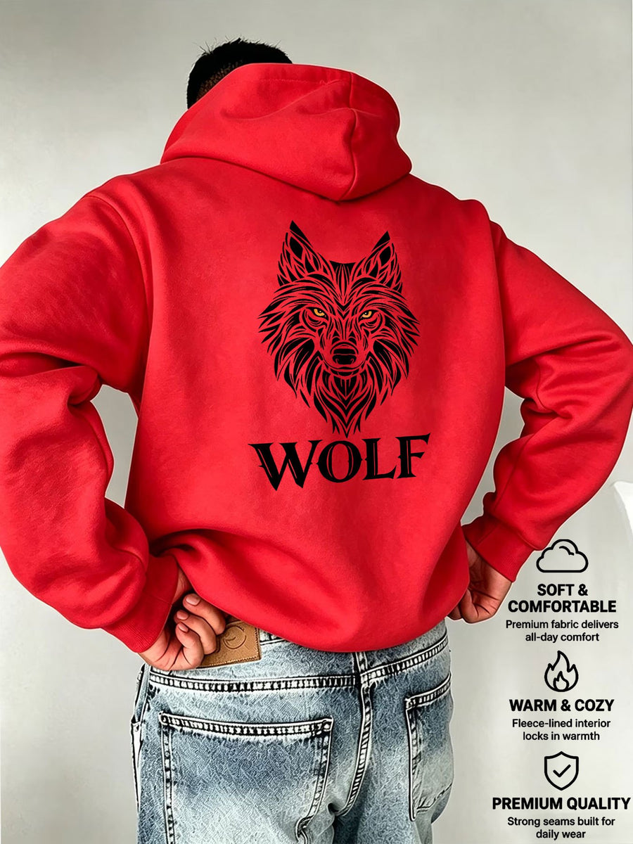 Men's Hooded Sweatshirt WOLF - Realistic Wolf Head Print, European and American Dark Style Men's Casual Sweatshirt - Red