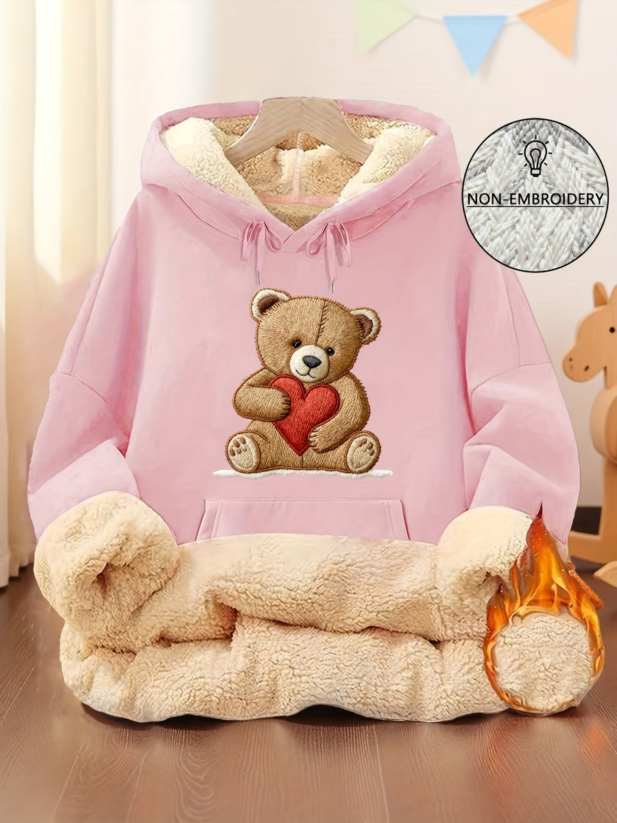 Women'S Home Wear Top [Imitation Print] Women'S Hot Style Heart Bear Print Sweatshirt, Fall Winter Fleece Hooded Warm Sweater, Suitable for Casual Home Wear Drawstring Hooded Sweatshirt - Pink Color