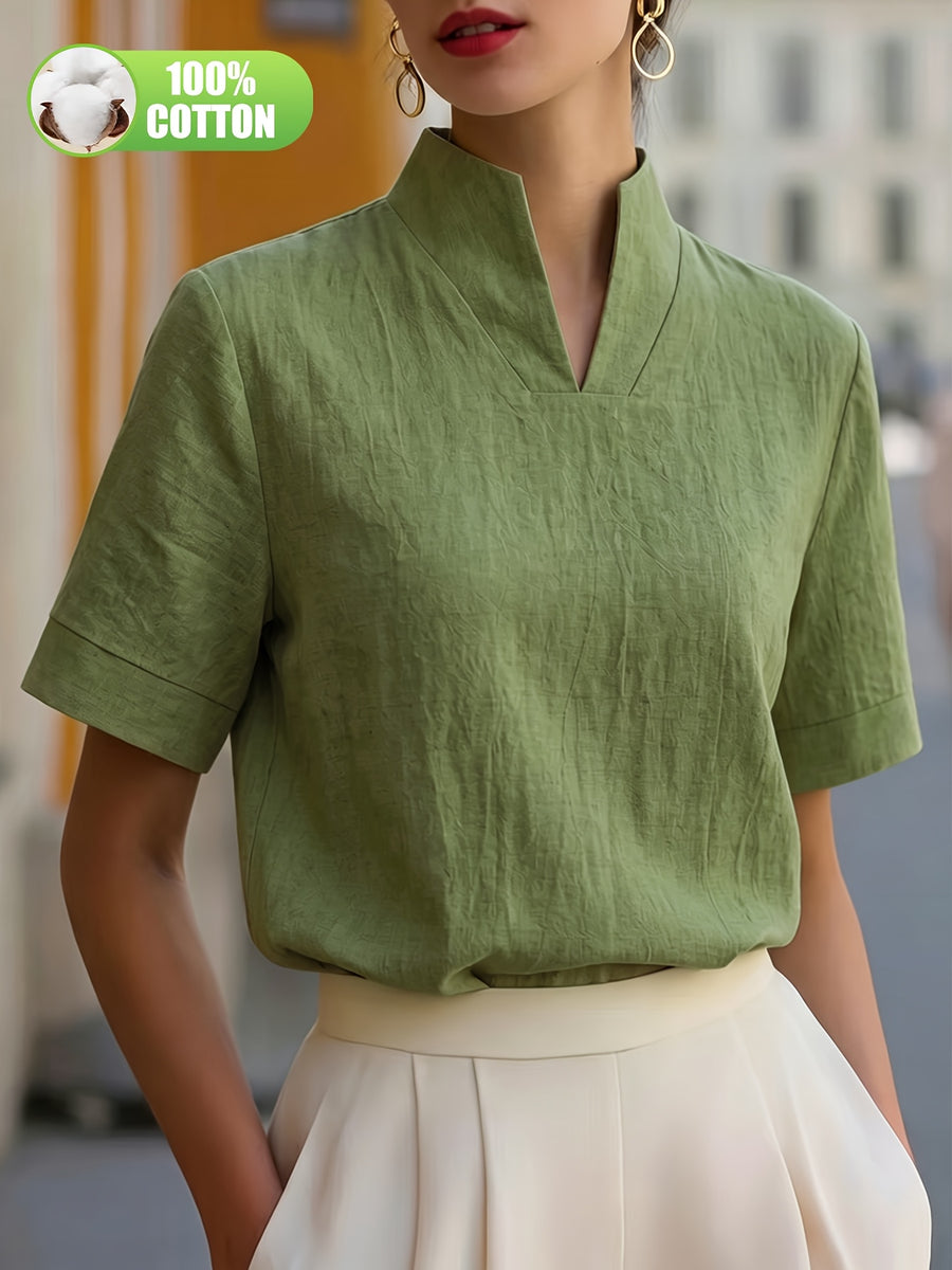 Elegant and Summer New Style Fashionable 100% V-Neck Back Zipper Short Sleeve Everyday Versatile T-Shirt Top ASD1 for Women of Distinguished Temperament - Green