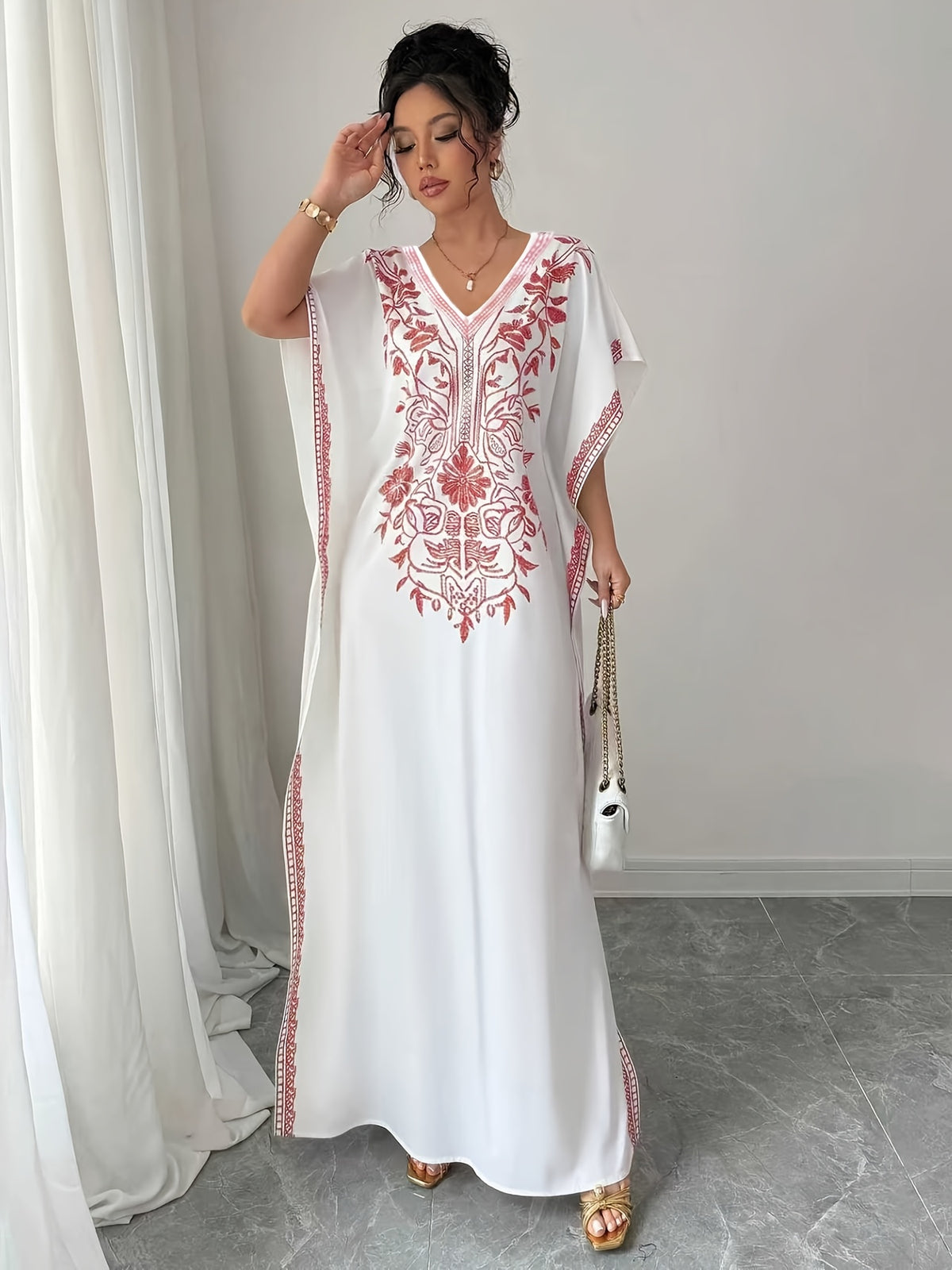 Women'S Summer Elegant Casual Robe, Floral Print V-Neck, Slit Long Dress - Watermelon Red