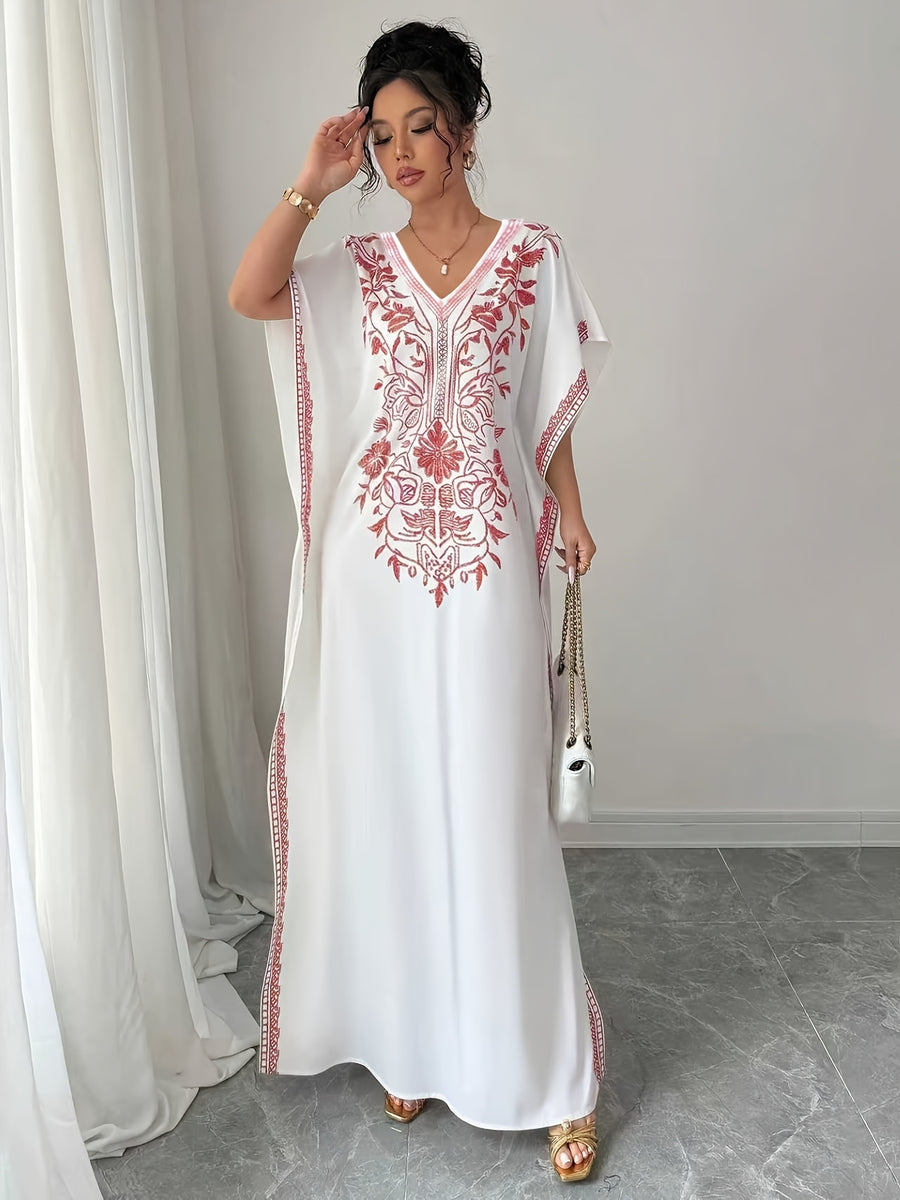 Women'S Summer Elegant Casual Robe, Floral Print V-Neck, Slit Long Dress - Watermelon Red