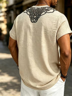2026 New American Summer Men'S Lightweight Bamboo Rayon Rayon Braid Loose Rune Print V-Neck Casual Short Sleeve - Khaki