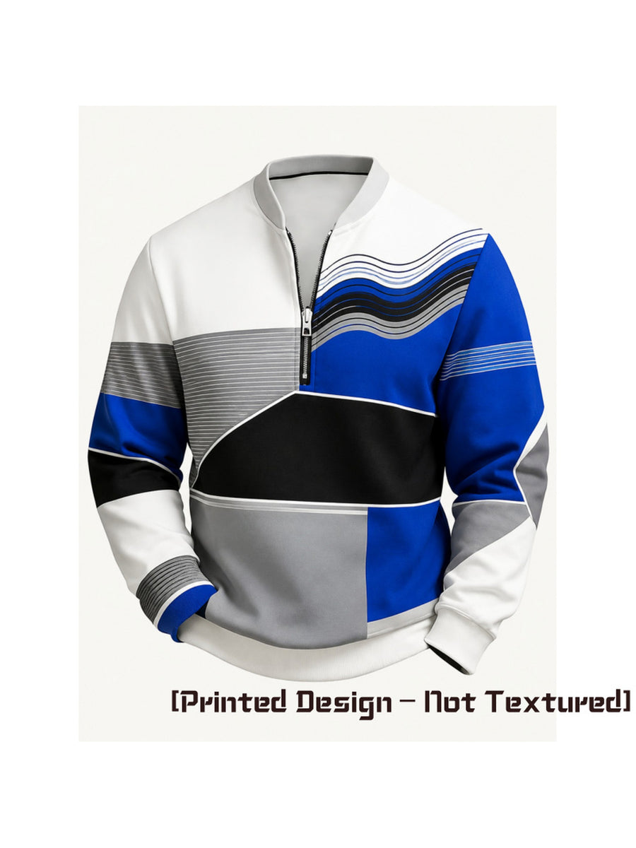 Men's Color-Block Printed Half-Zip Stand Collar Sweatshirt, a Versatile Style for Daily Casual Commuting and Outdoor Wear in Spring and Autumn - Mixed colors
