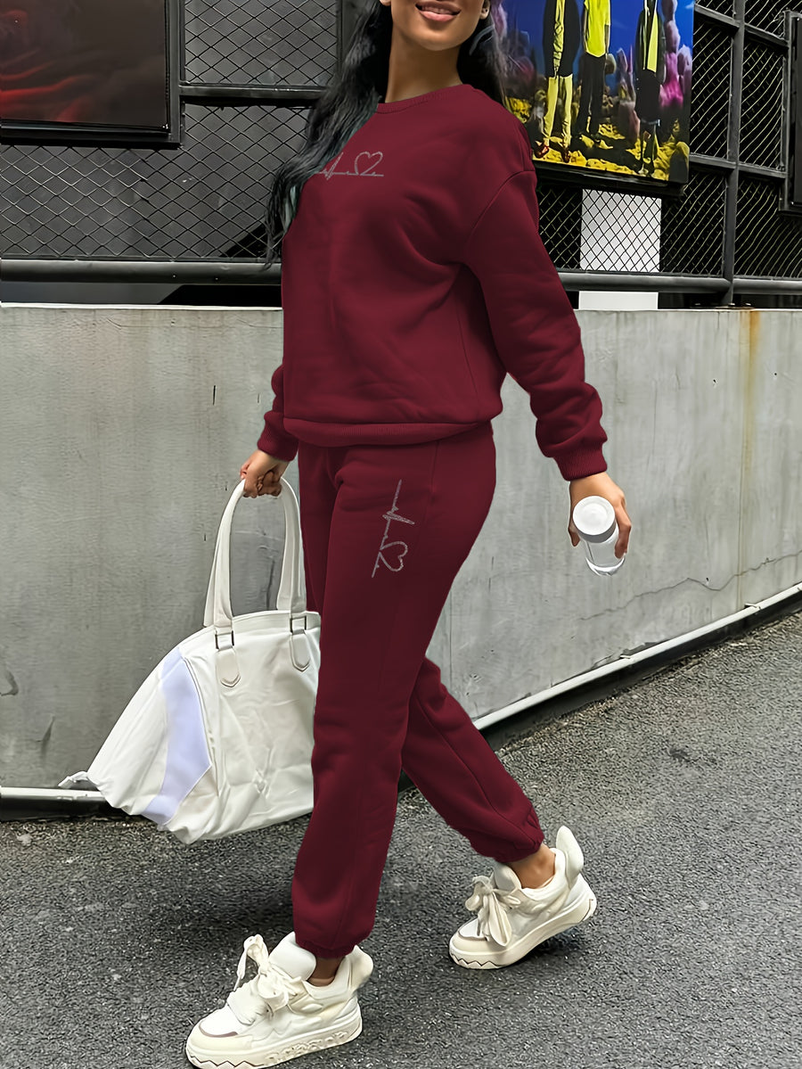 Women's 2pcs Fleece Sweatsuit - ECG Heart Print Warm Winter Tracksuit, Soft Polyester Matching Outfit with Pockets, Machine Washable & Outdoor Sweatsuits (Multiple Colors) for Fall/Winter, 2pcs set - Burgundy