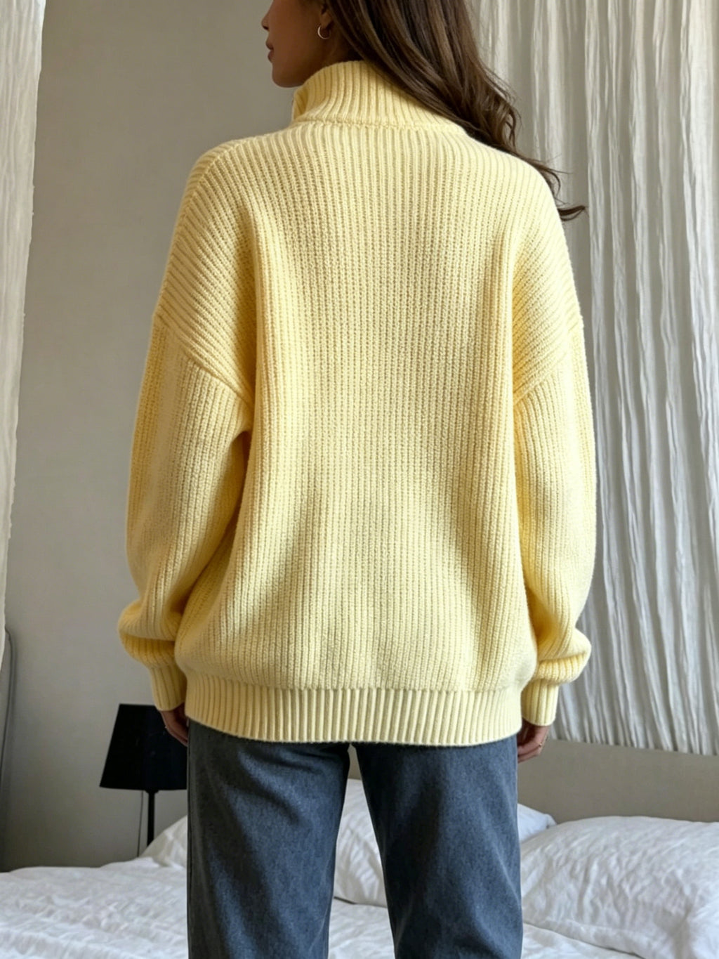 Women's Half-Zip Stand Collar Sweater, Loose Fit Ribbed Cable Relaxed Top, Gavin - Yellow