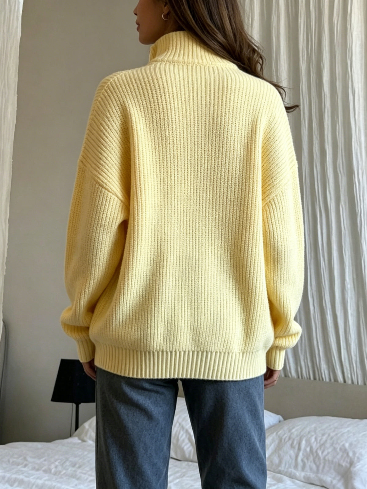 Women's Half-Zip Stand Collar Sweater, Loose Fit Ribbed Cable Relaxed Top, Gavin - Yellow