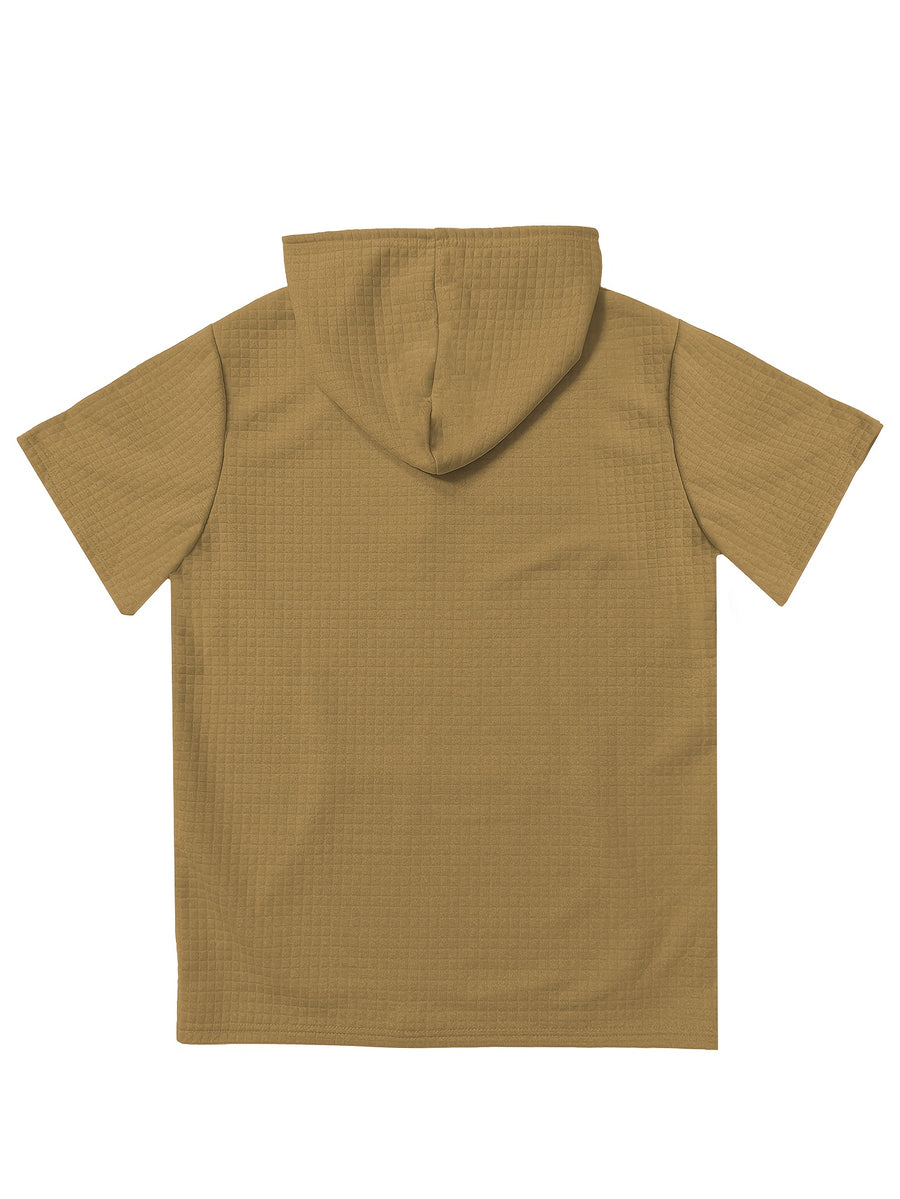 Men's Short-Sleeve Hoodie with Plaid Texture - Solid Color Hooded, Machine Washable Summer Casual Wear Suitable for Daily Outings, Gifts, Commemorative Present for Friends, Versatile Layering for Warmth (Regular Fit) - Khaki