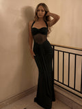 Women'S Sexy Bandeau Halter Mesh Patchwork Long Dress, Fashionable Elegant Semi-Sheer Ruched Evening Gown for Prom Parties - Black