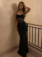 Women'S Sexy Bandeau Halter Mesh Patchwork Long Dress, Fashionable Elegant Semi-Sheer Ruched Evening Gown for Prom Parties - Black