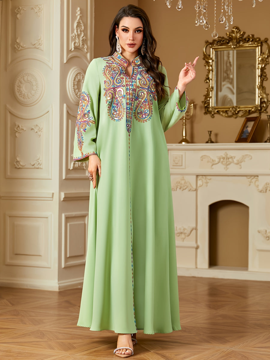 Elegant Middle Eastern/Arabic -Line Maxi Dress with V-Neck & Long Sleeves - Loose Fit -Length Dress Suitable for Ramadan Weddings, Cultural Events - Machine Washable Traditional Muslim Gown - Green