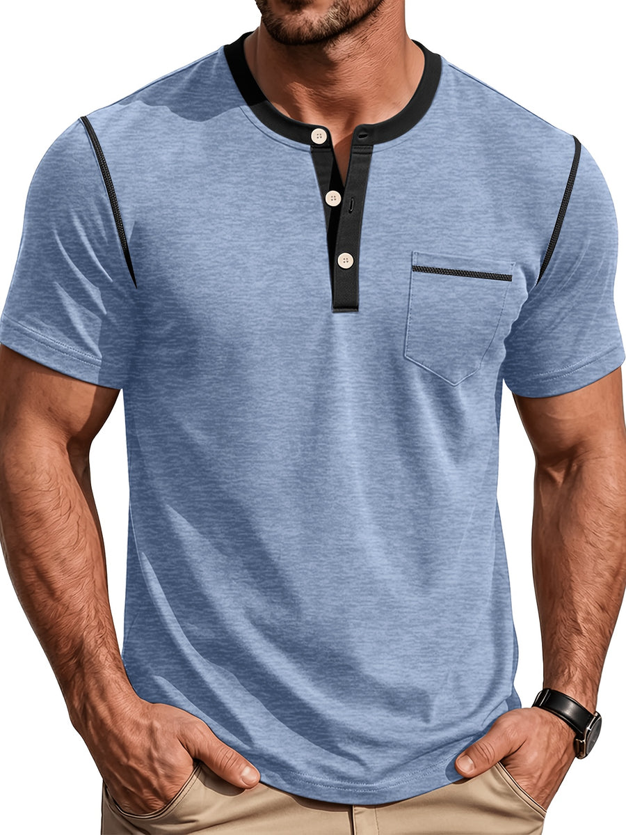 Men'S Spring Summer New Light Luxury Color-Block Henley Collar Short Sleeve T-Shirt, Half-Button 3-Button American Retro Top, High-Stretch Soft And Skin-Friendly Fabric, Breathable And Comfortable - Blue