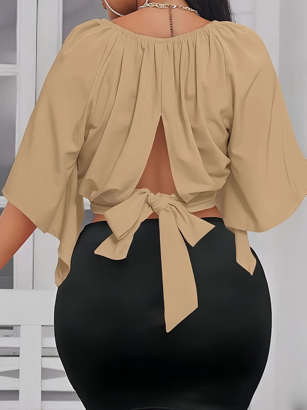 Tie Back Ruched Blouse, Elegant Solid Color Blouse For Spring & Summer, Women's Clothing - Yellowish-brown