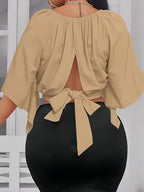 Tie Back Ruched Blouse, Elegant Solid Color Blouse For Spring & Summer, Women's Clothing - Yellowish-brown