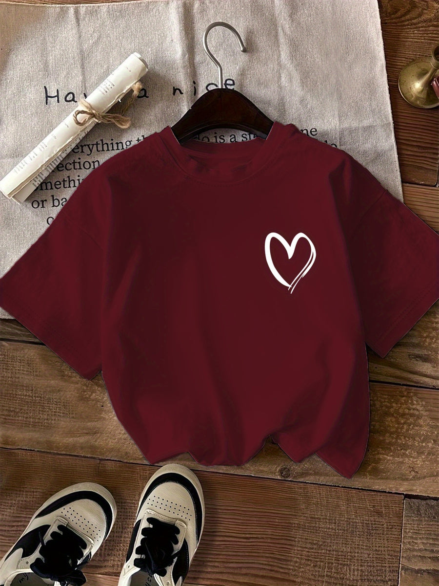 Pattern Print Short Sleeve, Casual Round Neck T-Shirt, Standard Size Women's - Burgundy