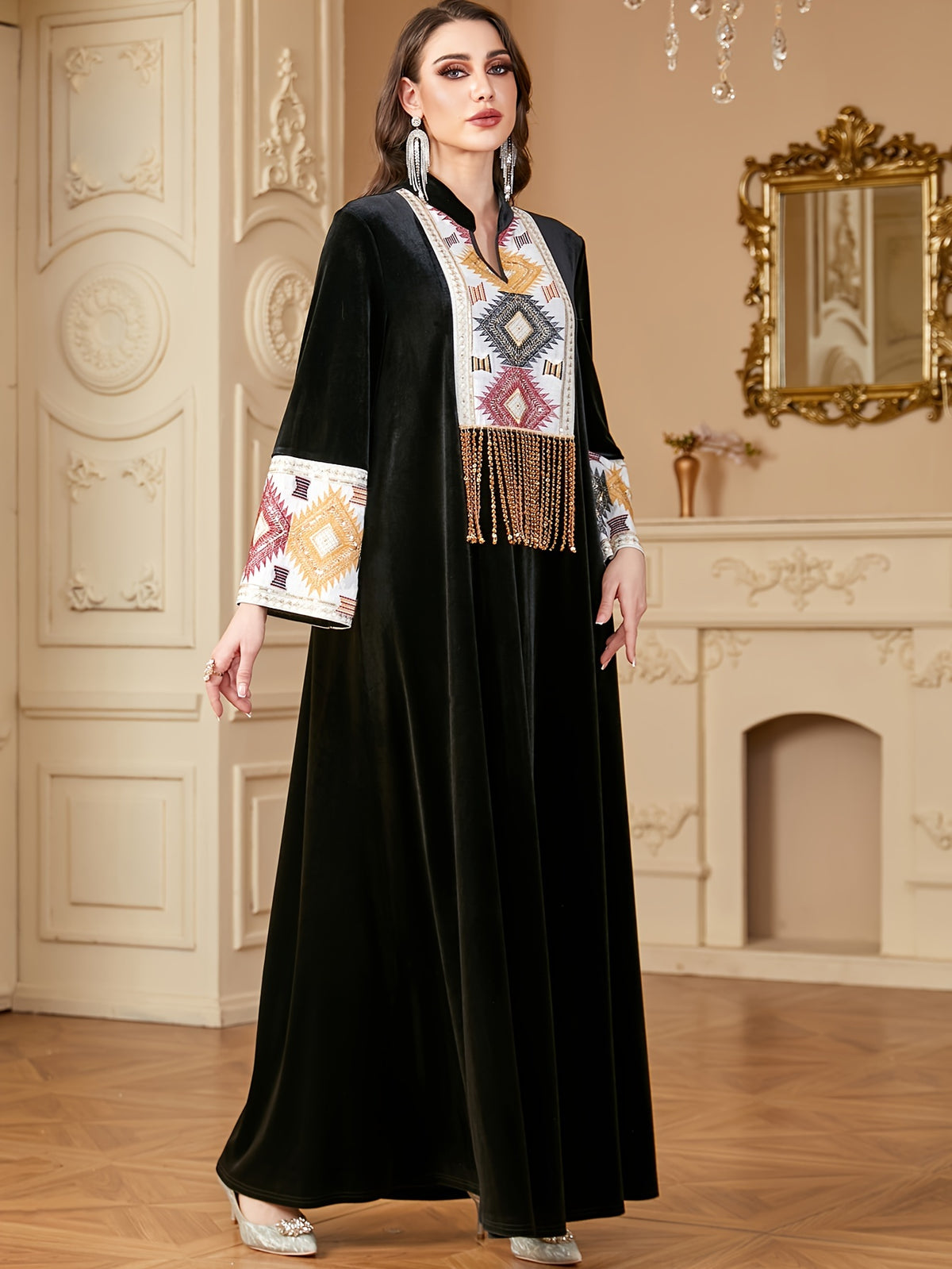 -Muslim Notched Stand Collar Tassel Long Dresses for Women Loose Elegant Kebaya Patchwork Sleeve Abayas - Black