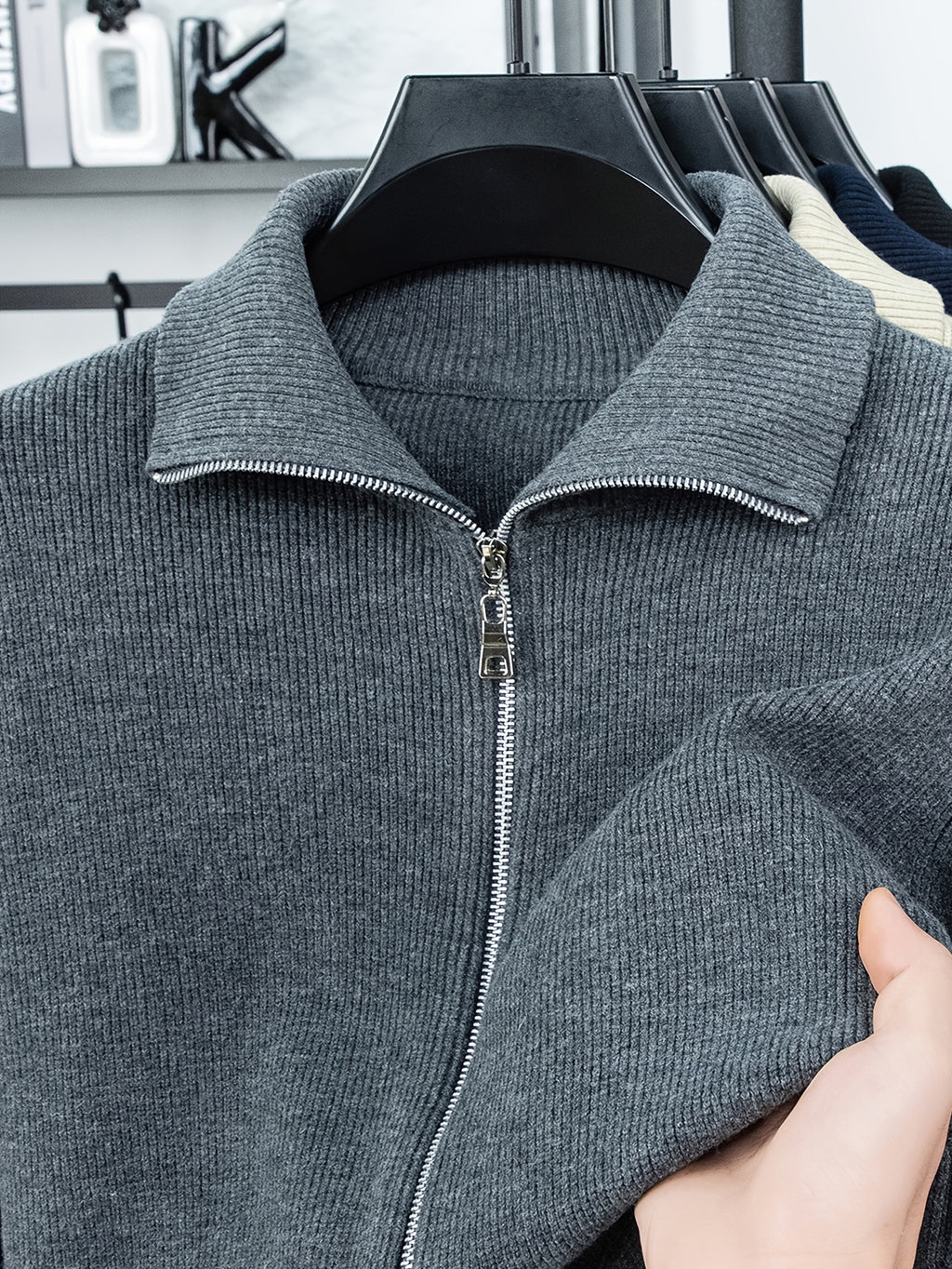Lapel Full-Zip Knit Cardigan Jacket, Versatile And Practical - SINBOS - Dark Gray