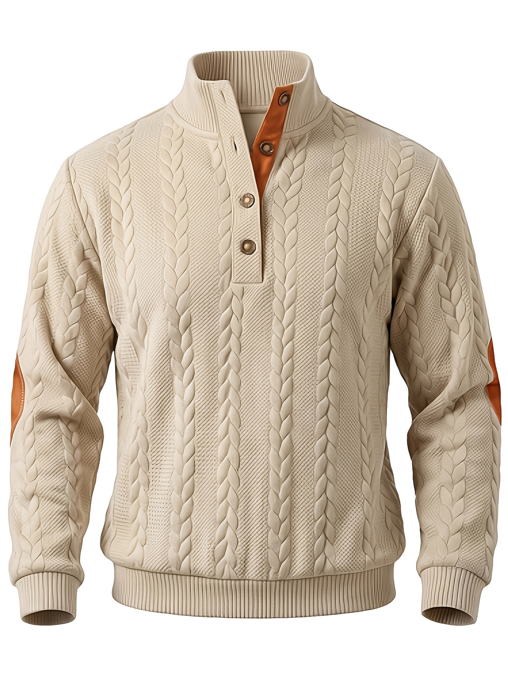Men'S Casual Long Sleeve Knit Sweater, Textured Cable And Diamond Pattern, Stand Collar with Button Placket, Contrast Elbow Patch Details, Ribbed Cuffs And Hem, Ideal for Fall Winter Work, Travel, Golf And Daily Wear - Khaki