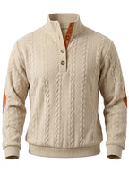 Men'S Casual Long Sleeve Knit Sweater, Textured Cable And Diamond Pattern, Stand Collar with Button Placket, Contrast Elbow Patch Details, Ribbed Cuffs And Hem, Ideal for Fall Winter Work, Travel, Golf And Daily Wear - Khaki