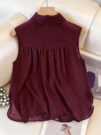 GlowEve Coffee Sleeveless Pleated Chiffon Casual Loose Fit Top for Women - Burgundy