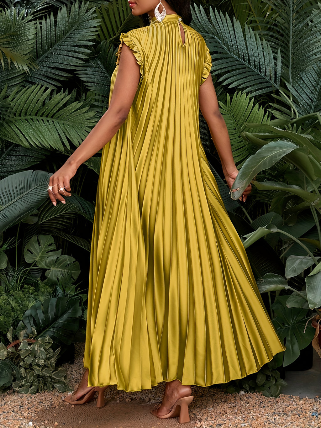 Satin Pleated Flutter Sleeve Long Women's Dress, Bridesmaid Dress, Loose Fit, Casual, Vacation, Elegant, Party, All Seasons, Birthday, Event Gown, Office Dress, Spring/Summer Dress - Yellow