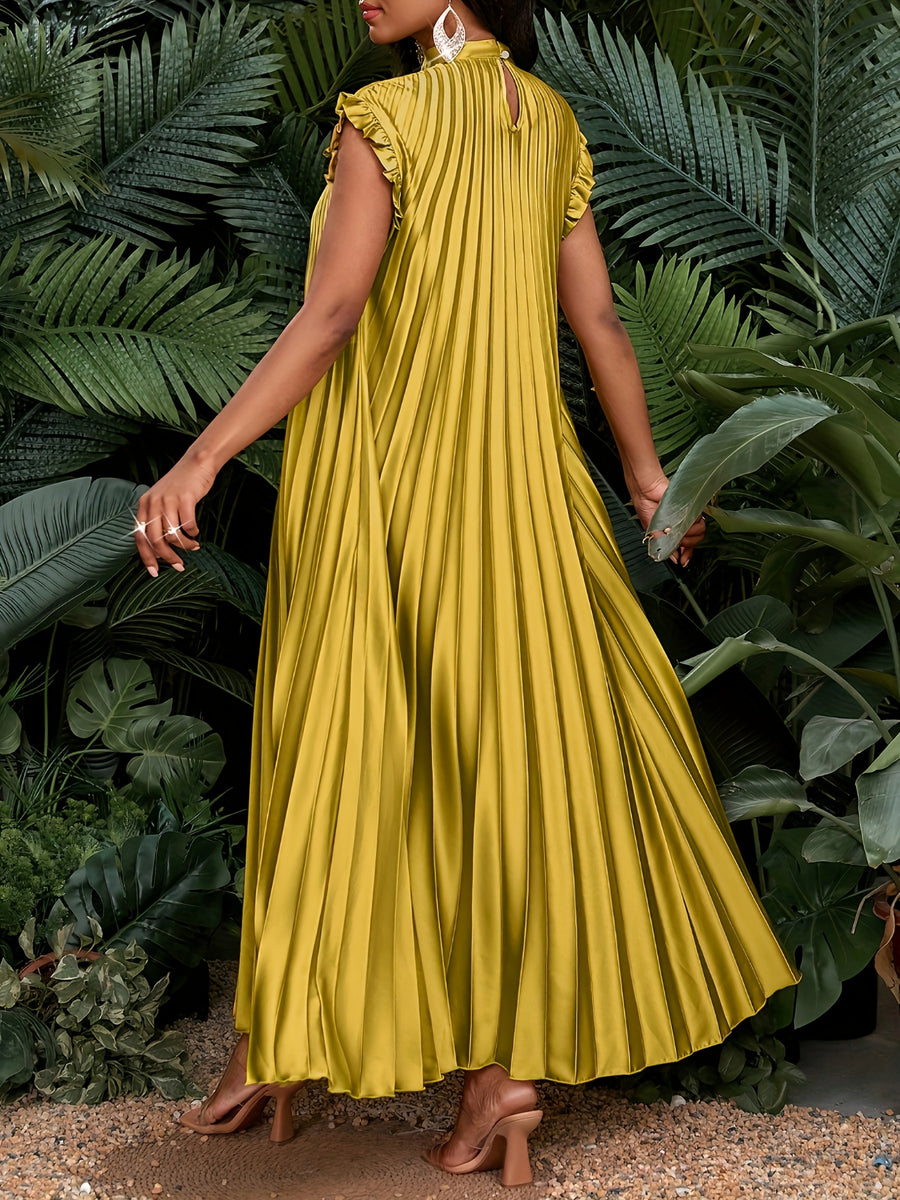 Satin Pleated Flutter Sleeve Long Women's Dress, Bridesmaid Dress, Loose Fit, Casual, Vacation, Elegant, Party, All Seasons, Birthday, Event Gown, Office Dress, Spring/Summer Dress - Yellow
