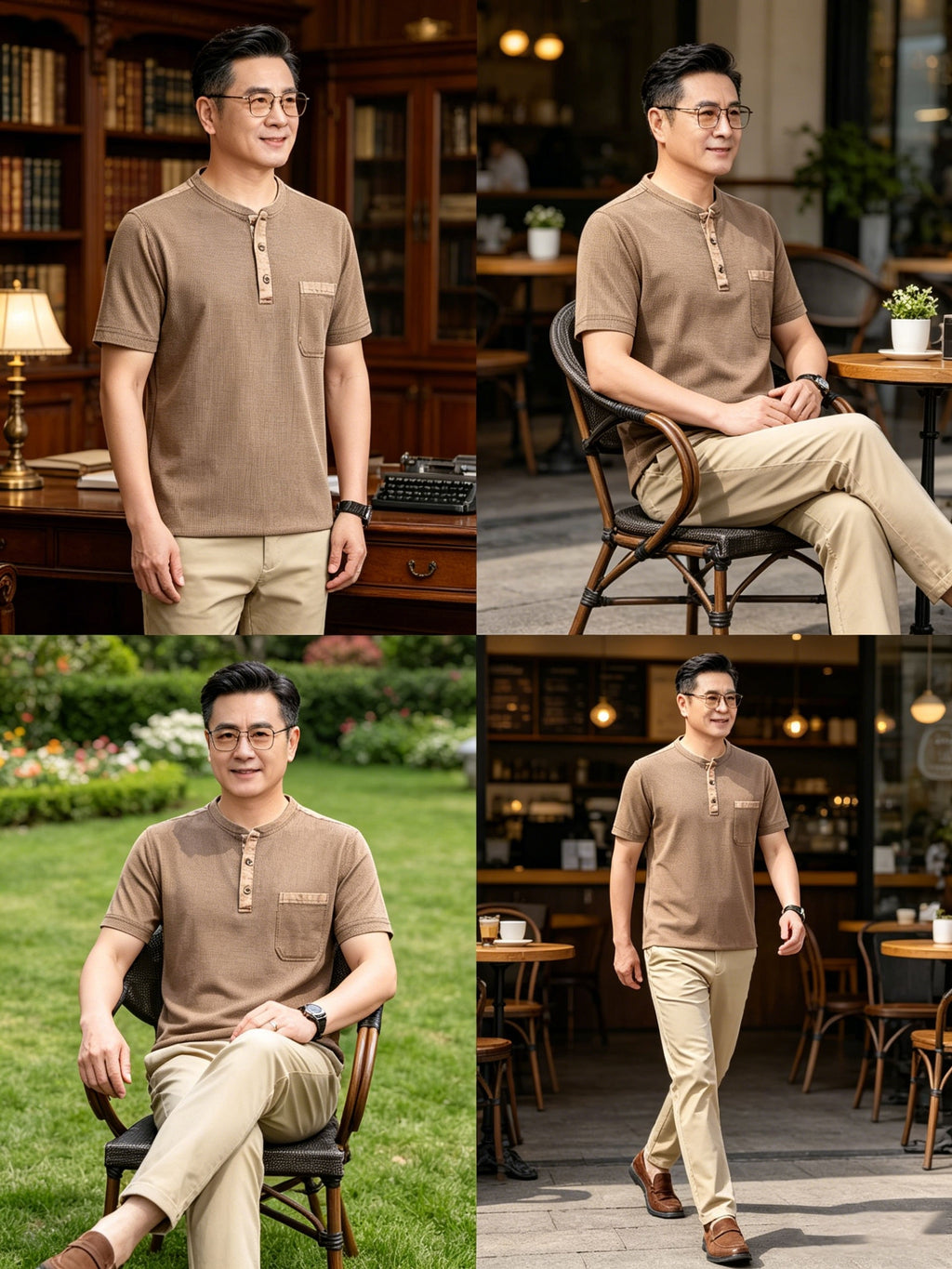 Middle-aged Men's Washed Distressed Vintage T-shirt, Shirt, Henley Collar Top, Solid Color Casual Top - Coffee Brown