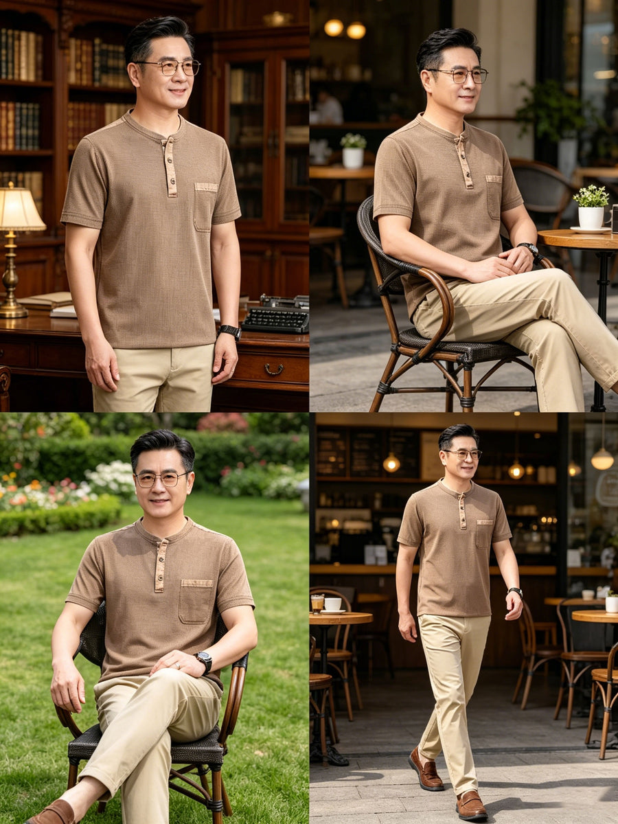 Middle-aged Men's Washed Distressed Vintage T-shirt, Shirt, Henley Collar Top, Solid Color Casual Top - Coffee Brown