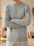 1pc Du Jing Lan OBM Men's Knit Sweater - Old Money Style Striped Crew Neck Sweater, Loose Fit Solid Color Base Suitable for Layering, Business Casual & Outdoor Wear, Long Sleeve Pullover for Golf, Basketball, Vacations, Spring/Autumn/Winter - Light Grey