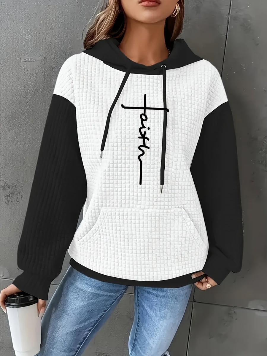 Women's Casual Oversized Hoodie with Checkered Texture & Letter Print, Kangaroo Pocket, Long Sleeve Loose Fit Sweatshirt for Fall Winter, Machine Washable, Fall Fashion, Relaxed Style, Comfortable Texture, Print Sweatshirt, Cozy Wear - White