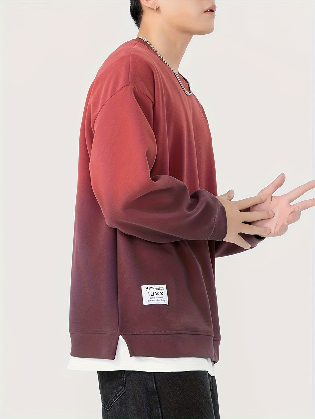 New Autumn Round Neck Sweatshirt, Men's  Gradient Color 2-in-1 Look Hem Sweatshirt, Burgundy Gradient - Burgundy