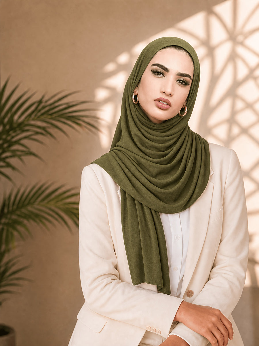 Women'S Jersey Headscarf - Soft, Breathable, And Secure Fit; a Modest Wrap Suitable for Daily Wear, Commuting, Wind, And Shielding - Olive Green