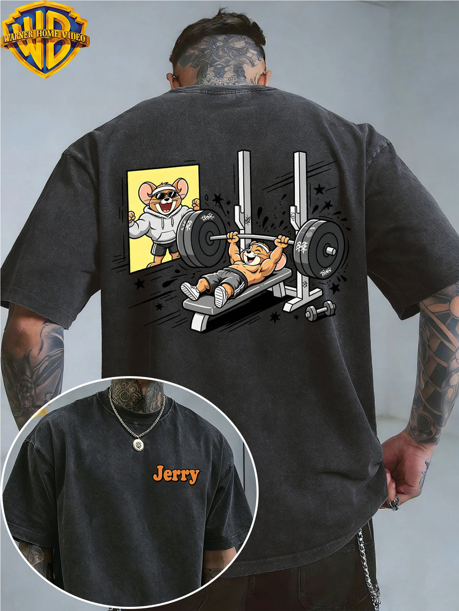Officially Licensed by Warner Bros., Men'S Short-Sleeve T-Shirt with Playful 'Little Mouse Lifting Weights' Print, Featuring an American Retro Washed And Distressed Look. Perfect for Outdoor Activities And Daily Commutes; Machine Washable - Black
