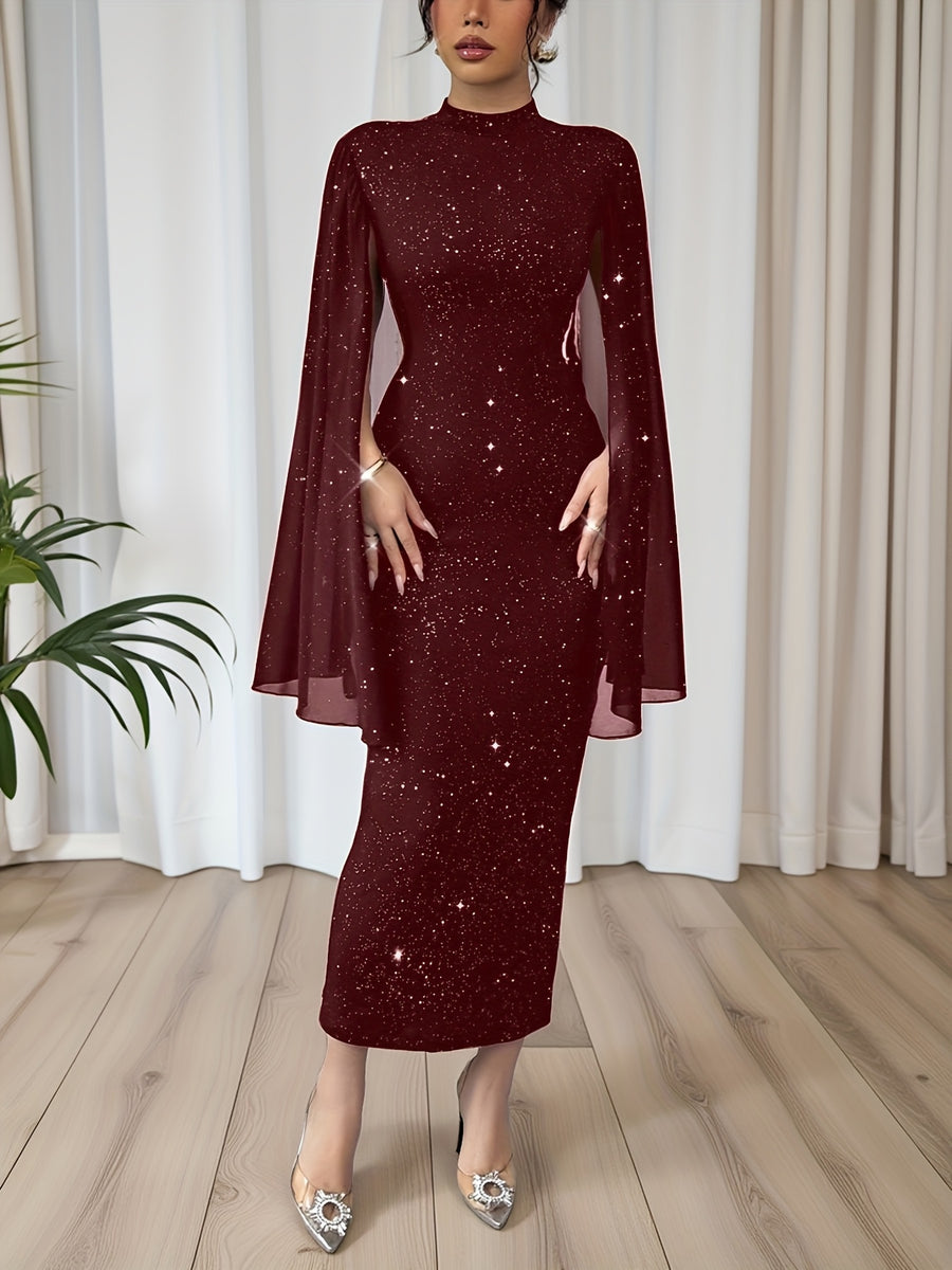 Women's Elegant Slim-Fit Shining Patchwork Dress with Starry Sky Print & Slit Sleeves - Mid-Length Pencil Dress, Stand Collar, Machine Washable for Weddings, Parties, Business Events - Year-Round Wear - Burgundy