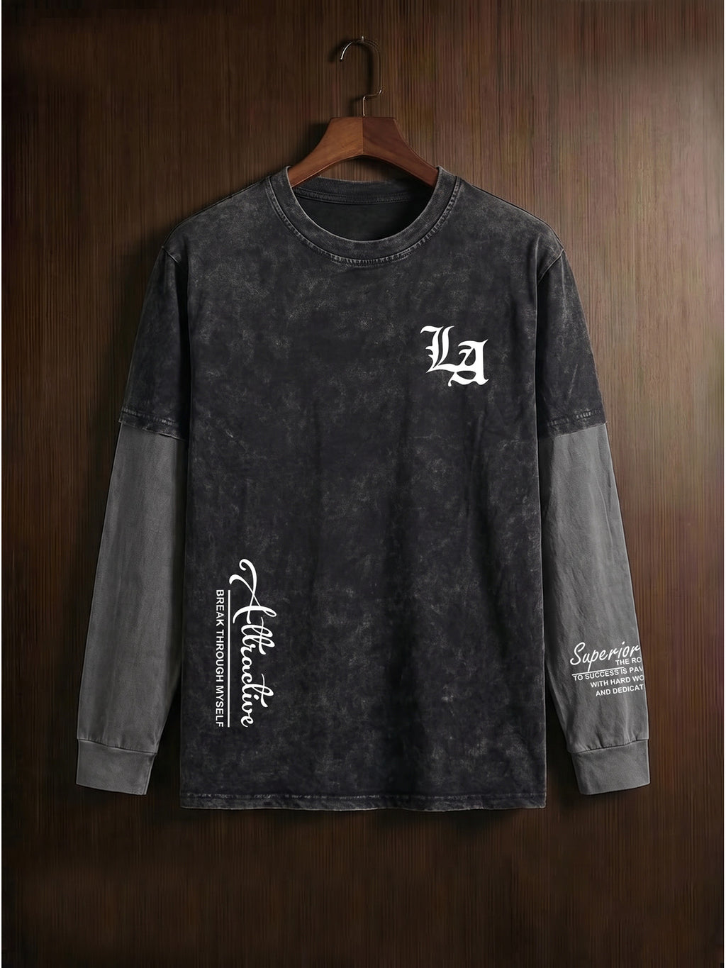 Men's 2-in-1 Look Long-Sleeve T-Shirt, Vintage Washed Minimalist Design Print with Contrast Gray Sleeves, American Street Style Loose Fit Casual Long-Sleeve T-Shirt - Black