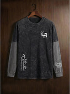 Men's 2-in-1 Look Long-Sleeve T-Shirt, Vintage Washed Minimalist Design Print with Contrast Gray Sleeves, American Street Style Loose Fit Casual Long-Sleeve T-Shirt - Black