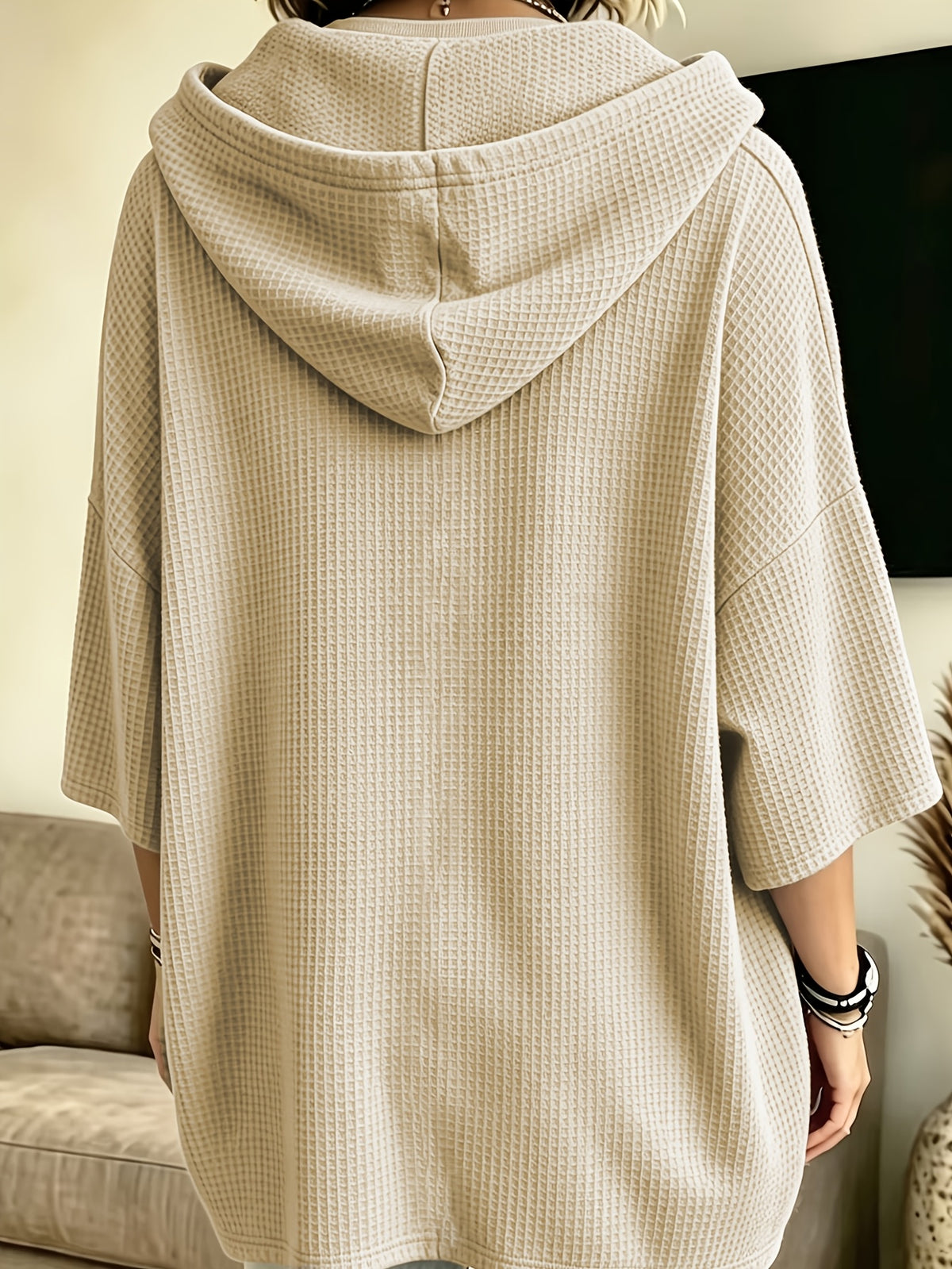 Women's Elegant Casual Solid Color Loose Fit Hooded Fashion Waffle Sweatshirt Top - Wheat-colored