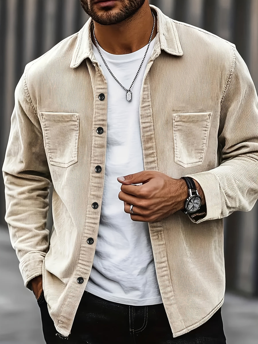 Men's Corduroy Shirt - American Retro Solid Color Long Sleeve Shirt for Men, Casual Wrinkle-Resistant Non-Iron Corduroy Shirt with Two Pockets, Trendy Versatile Corduroy Jacket for Sports, Outdoor, and Daily Wear. - Apricot