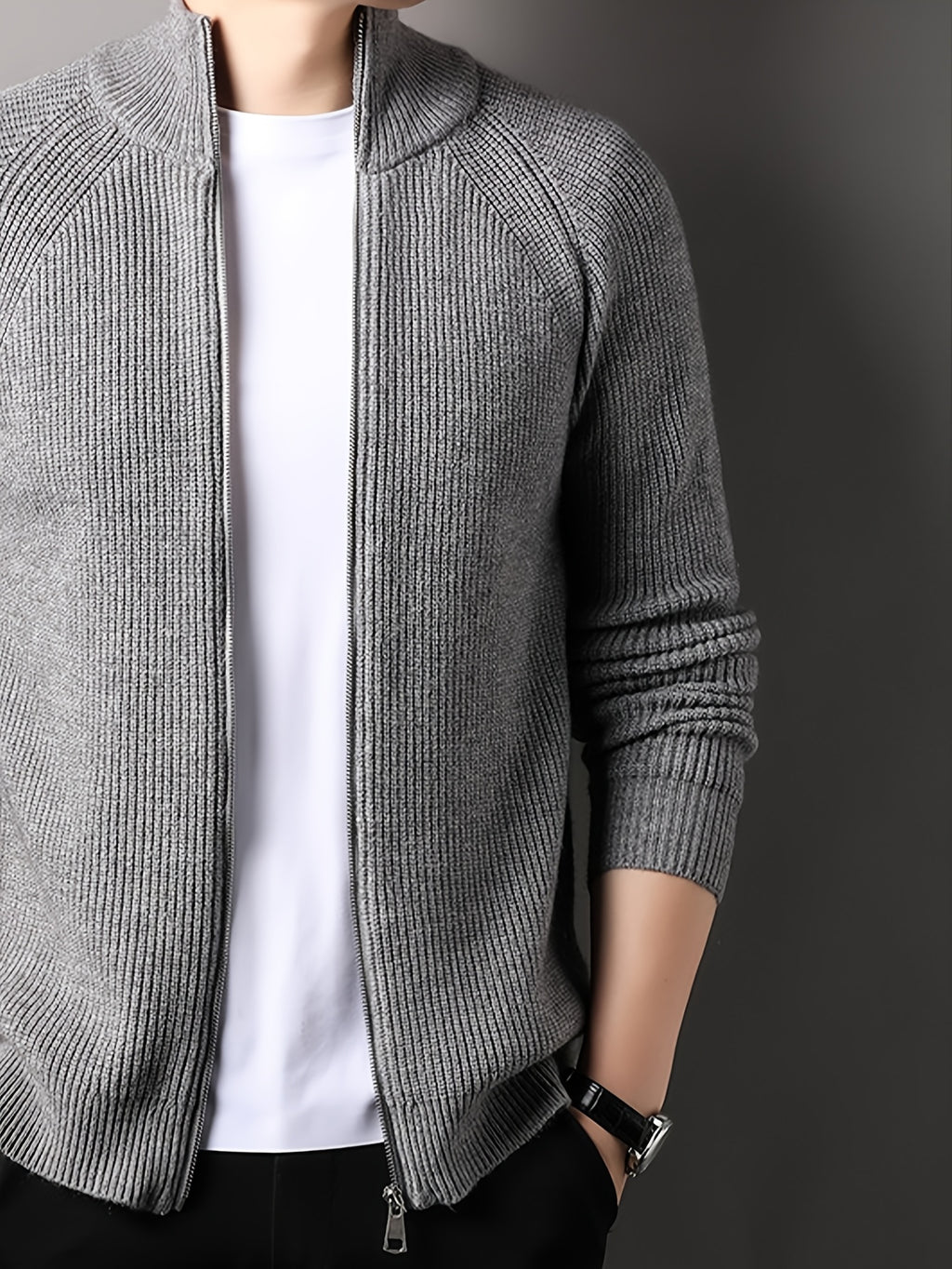 Autumn New Men'S, Solid Color Knit Cardigan, Zipper Style Trendy Comfortable, Outdoor Leisure All-Match - Grey