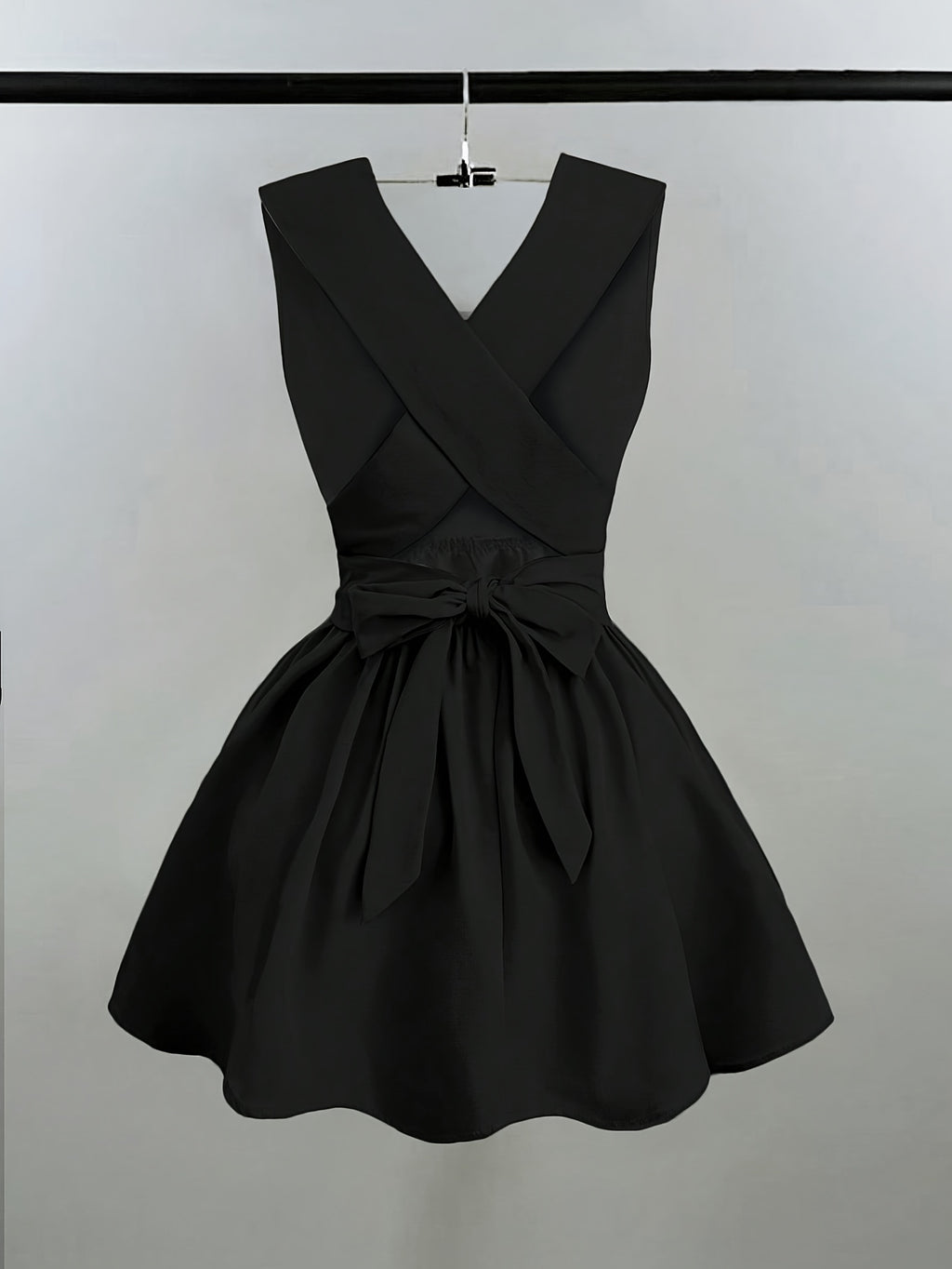 Women'S Romantic Elegant Sexy Wedding Guest Style Wearable Cross V-Neck Sleeveless A-Line Mini Dress - Black