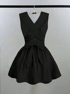 Women'S Romantic Elegant Sexy Wedding Guest Style Wearable Cross V-Neck Sleeveless A-Line Mini Dress - Black