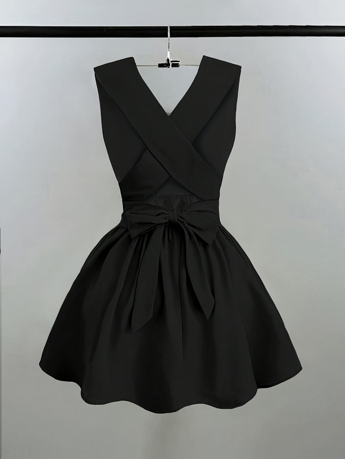 Women'S Romantic Elegant Sexy Wedding Guest Style Wearable Cross V-Neck Sleeveless A-Line Mini Dress - Black