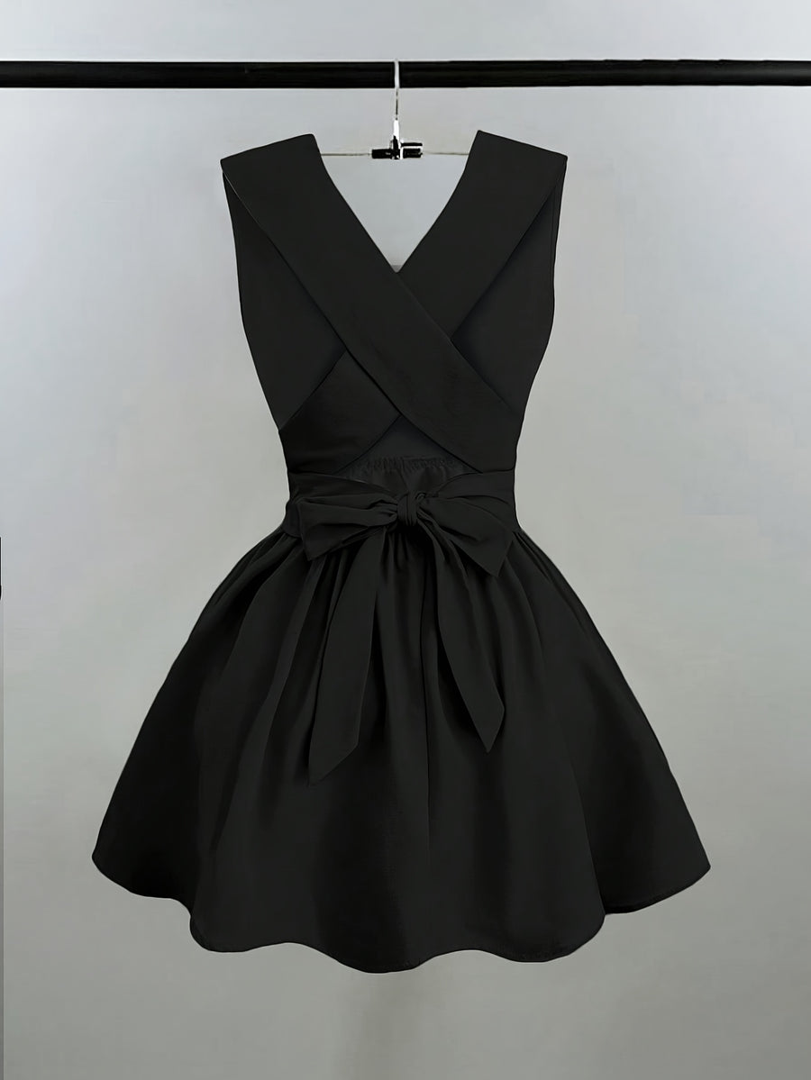 Women'S Romantic Elegant Sexy Wedding Guest Style Wearable Cross V-Neck Sleeveless A-Line Mini Dress - Black