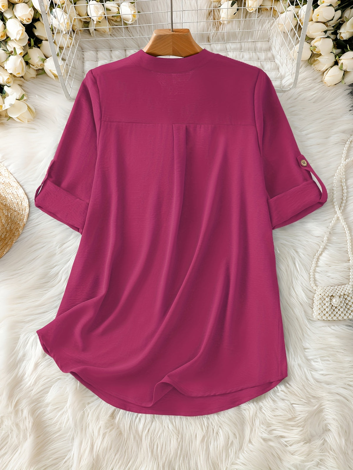 Elegant Women's Simple Casual Daily Short-Sleeve Solid Color Shirt, Spring/Summer Fashion Casual Outing Shirt, BK0608018 - Rose Red