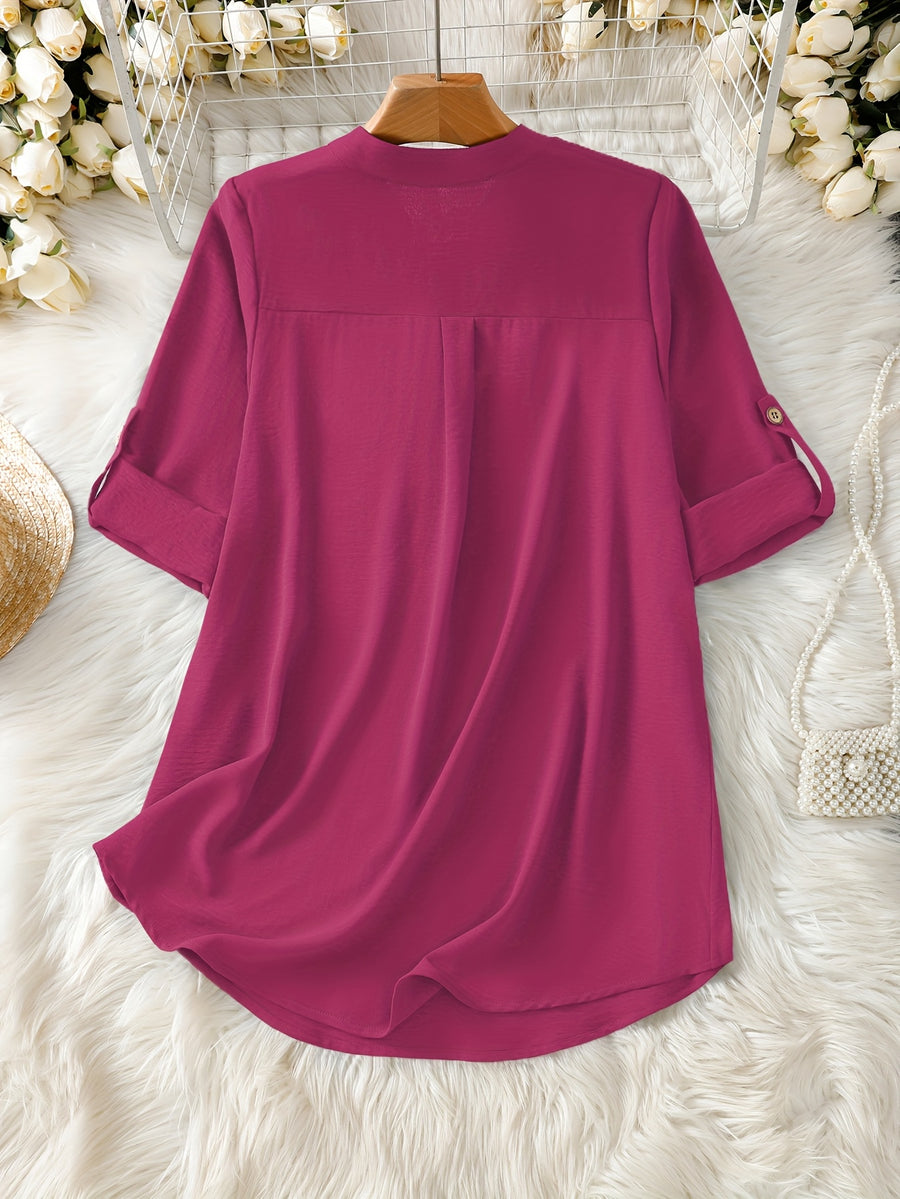 Elegant Women's Simple Casual Daily Short-Sleeve Solid Color Shirt, Spring/Summer Fashion Casual Outing Shirt, BK0608018 - Rose Red